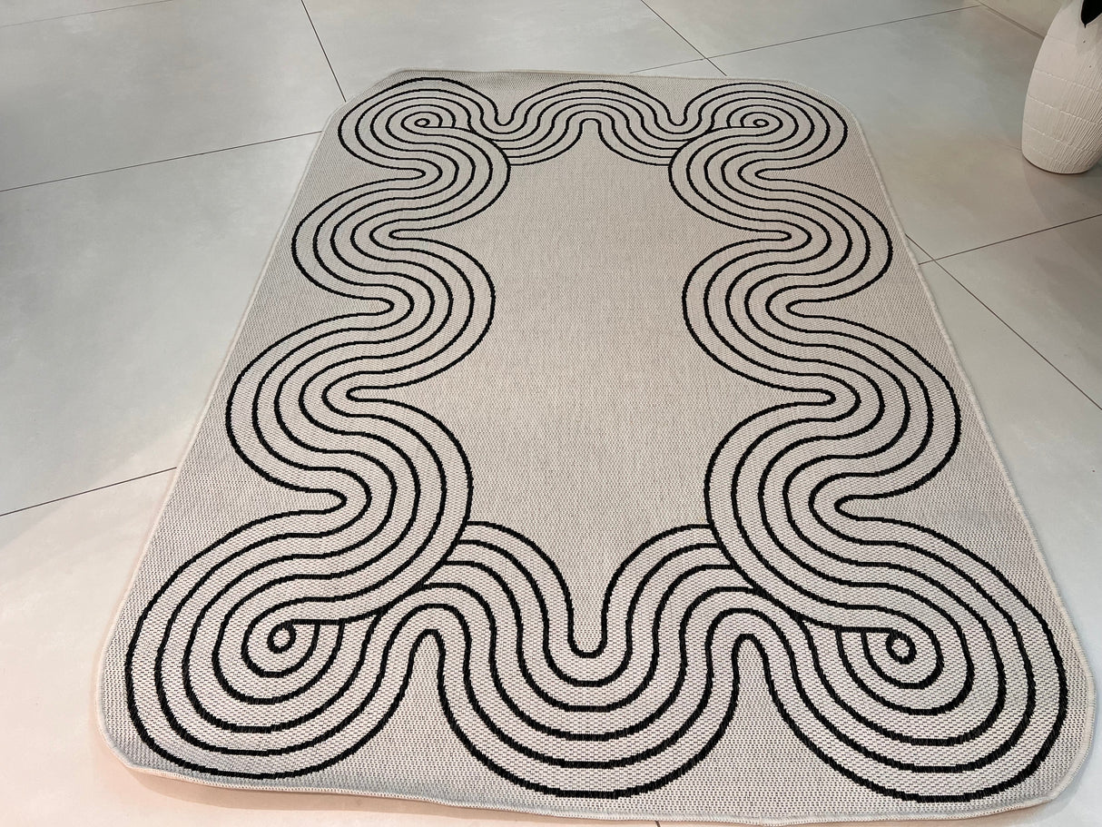 TOV 307 Polypropylene Fabric - Ivory, Black Geometric Swirl, Live Edge Design, 5' 3" X 7' X 6" (1 Rug)