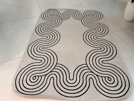 TOV 307 Polypropylene Fabric - Ivory, Black Geometric Swirl, Live Edge Design, 5' 3" X 7' X 6" (1 Rug)