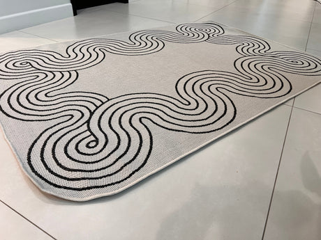 TOV 307 Polypropylene Fabric - Ivory, Black Geometric Swirl, Live Edge Design, 5' 3" X 7' X 6" (1 Rug)