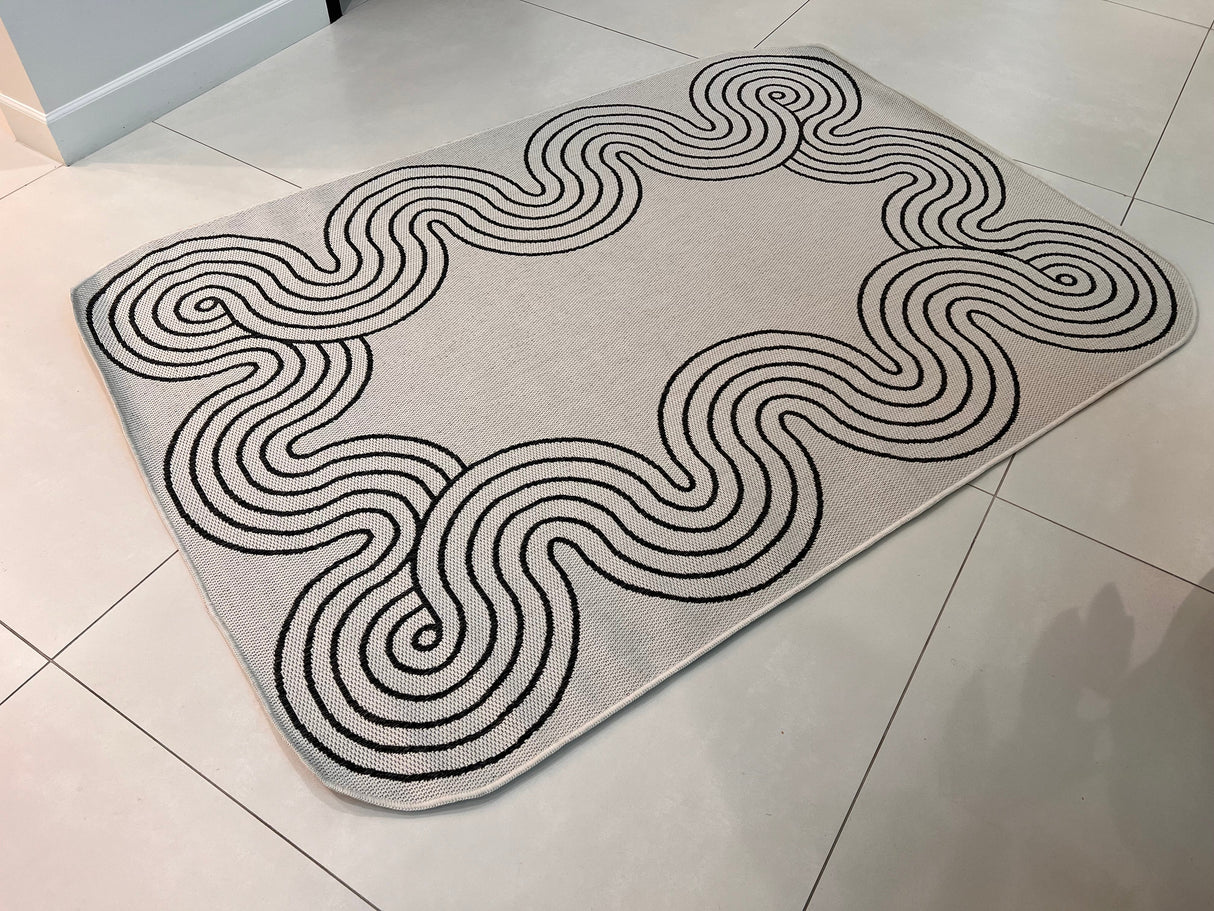 TOV 307 Polypropylene Fabric - Ivory, Black Geometric Swirl, Live Edge Design, 5' 3" X 7' X 6" (1 Rug)