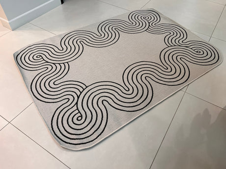 TOV 307 Polypropylene Fabric - Ivory, Black Geometric Swirl, Live Edge Design, 5' 3" X 7' X 6" (1 Rug)