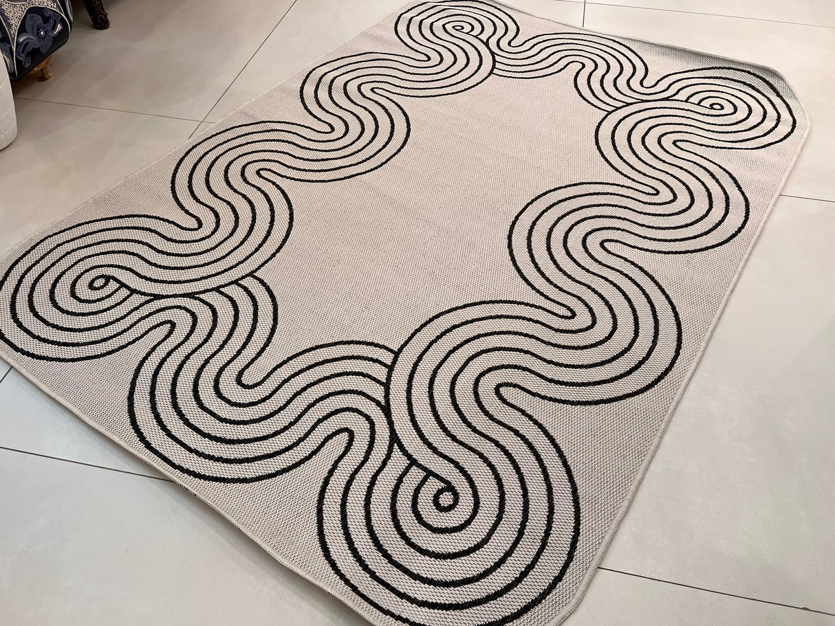 TOV 307 Polypropylene Fabric - Ivory, Black Geometric Swirl, Live Edge Design, 5' 3" X 7' X 6" (1 Rug)