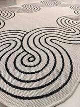 TOV 307 Polypropylene Fabric - Ivory, Black Geometric Swirl, Live Edge Design, 5' 3" X 7' X 6" (1 Rug)