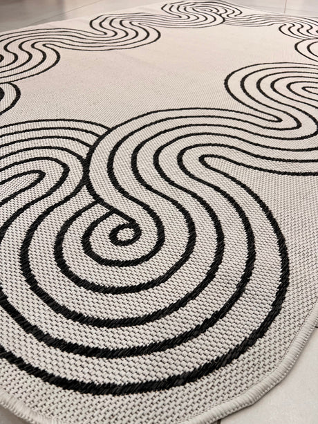 TOV 307 Polypropylene Fabric - Ivory, Black Geometric Swirl, Live Edge Design, 5' 3" X 7' X 6" (1 Rug)