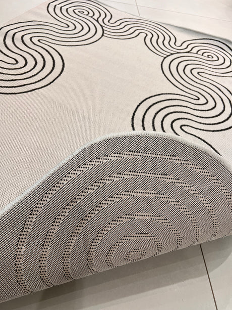 TOV 307 Polypropylene Fabric - Ivory, Black Geometric Swirl, Live Edge Design, 5' 3" X 7' X 6" (1 Rug)