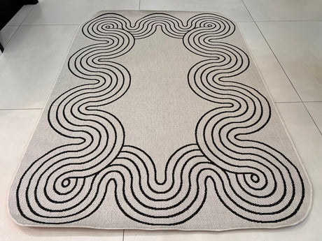 TOV 307 Polypropylene Fabric - Ivory, Black Geometric Swirl, Live Edge Design, 5' 3" X 7' X 6" (1 Rug)