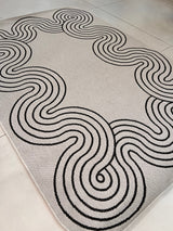 TOV 307 Polypropylene Fabric - Ivory, Black Geometric Swirl, Live Edge Design, 5' 3" X 7' X 6" (1 Rug)
