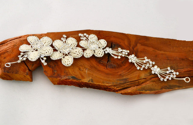 Floral Ivory Pearl Bridal Hair Band with Rhinestones 10 Inch