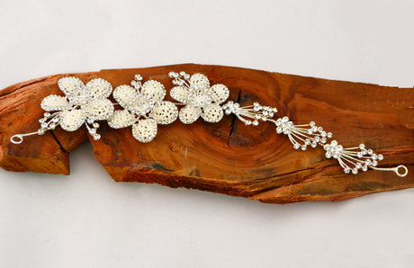 Floral Ivory Pearl Bridal Hair Band with Rhinestones 10 Inch