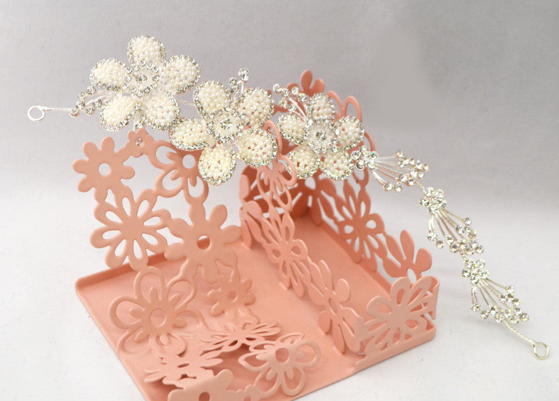 Floral Ivory Pearl Bridal Hair Band with Rhinestones 10 Inch