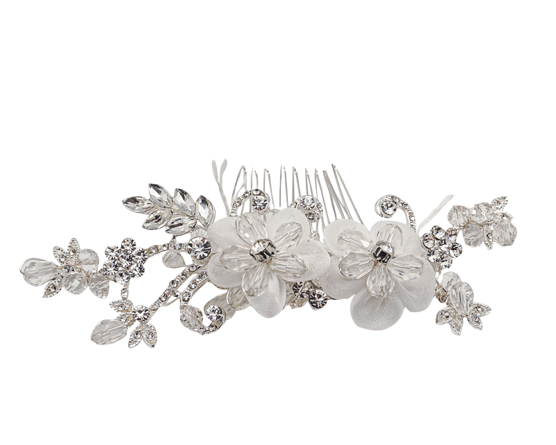 Silver Bridal Hair Comb with White Blooms & Crystal Leaves 4.75 Inch