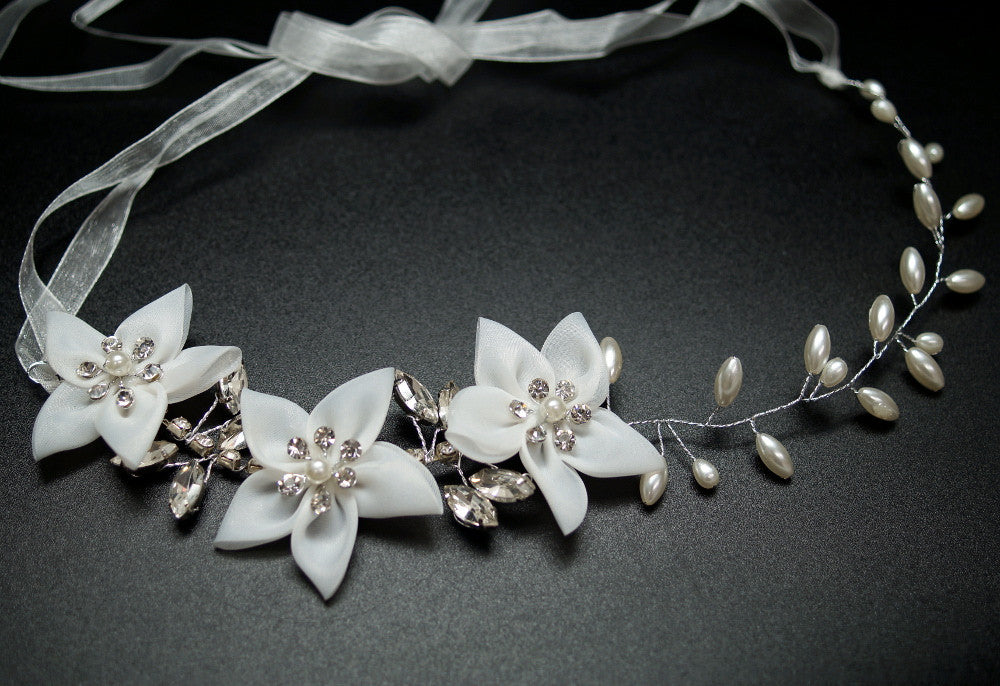 White Faux Pearl Bridal Hair Band Rhinestone Floral 12 Inch