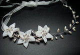 White Faux Pearl Bridal Hair Band Rhinestone Floral 12 Inch