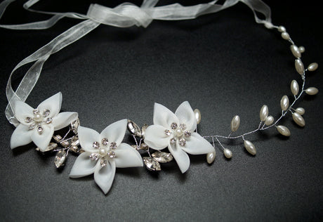 White Faux Pearl Bridal Hair Band Rhinestone Floral 12 Inch