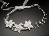 White Faux Pearl Bridal Hair Band Rhinestone Floral 12 Inch