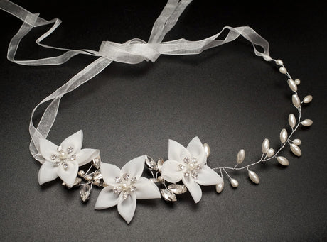 White Faux Pearl Bridal Hair Band Rhinestone Floral 12 Inch