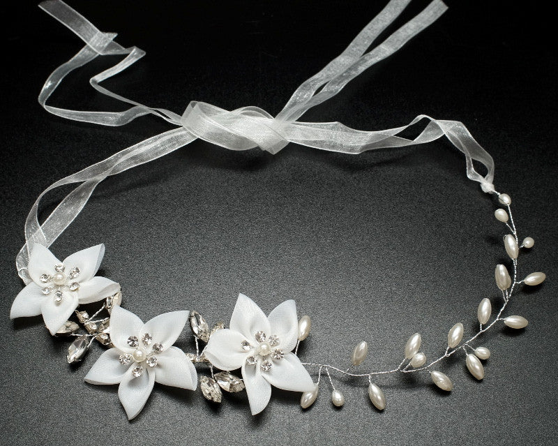 White Faux Pearl Bridal Hair Band Rhinestone Floral 12 Inch