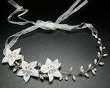 White Faux Pearl Bridal Hair Band Rhinestone Floral 12 Inch