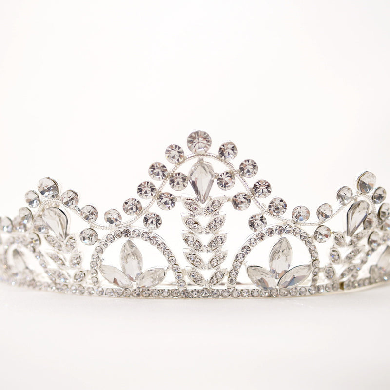 Silver Crystal Rhinestone Tiara with Leaves