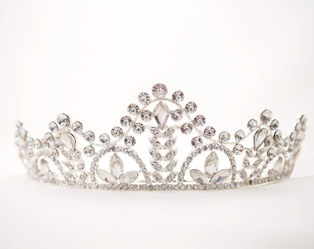 Silver Crystal Rhinestone Tiara with Leaves