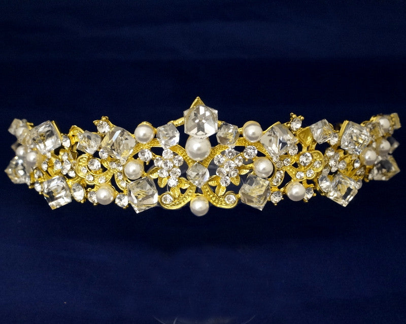 Gold Crystal Pearl Rhinestone Tiara