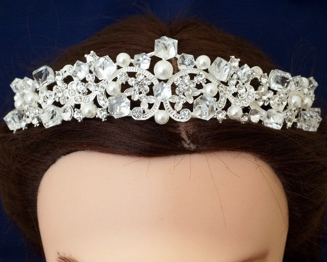 Silver Crystal Pearl Rhinestone Tiara