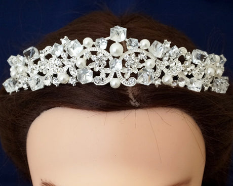 Silver Crystal Pearl Rhinestone Tiara