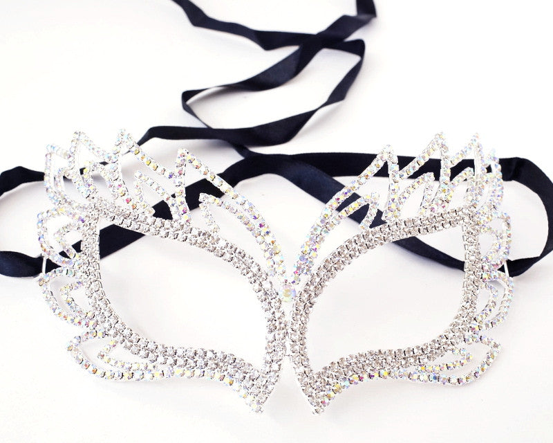 Silver Rhinestone Masquerade Wedding Eye Mask 7.5 Inch