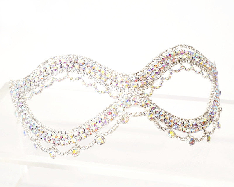 Silver Rhinestone Masquerade Wedding Eye Mask 7.5 Inch Ribbon Tie