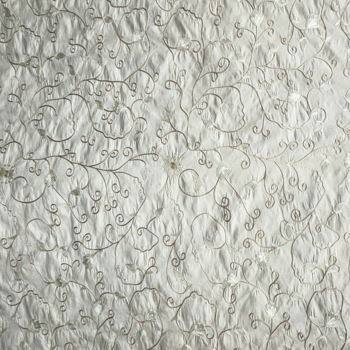 Trezza Floral Embroidered Silk Fabric - Antique Gold, Dusk, Olive, Pewter, 54" Width (1 Yard)
