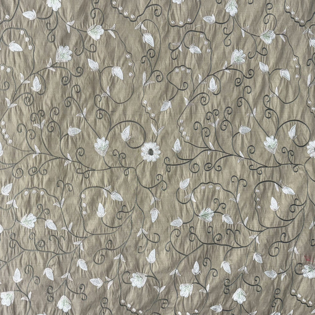 Trezza Floral Embroidered Silk Fabric - Antique Gold, Dusk, Olive, Pewter, 54" Width (1 Yard)