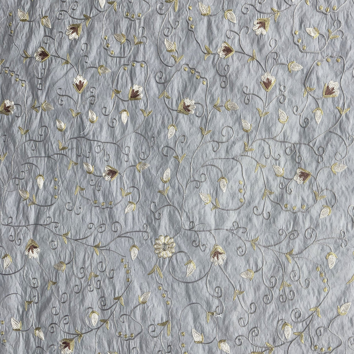 Trezza Floral Embroidered Silk Fabric - Antique Gold, Dusk, Olive, Pewter, 54" Width (1 Yard)