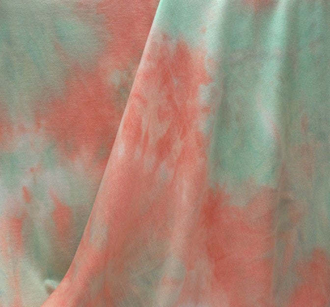 French Terry Tie Dye TD1004 Mint Melon Taupe Polyester Rayon Spandex Fabric - Mint Melon Taupe Tie Dye, 58/60" Width