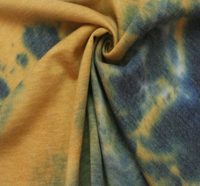 French Terry Tie Dye 1D1426 Black Mustard Polyester Rayon Spandex Fabric - Black Mustard Tie Dye, 58/60" Width
