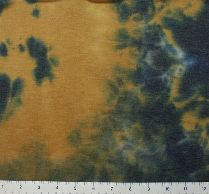 French Terry Tie Dye 1D1426 Black Mustard Polyester Rayon Spandex Fabric - Black Mustard Tie Dye, 58/60" Width