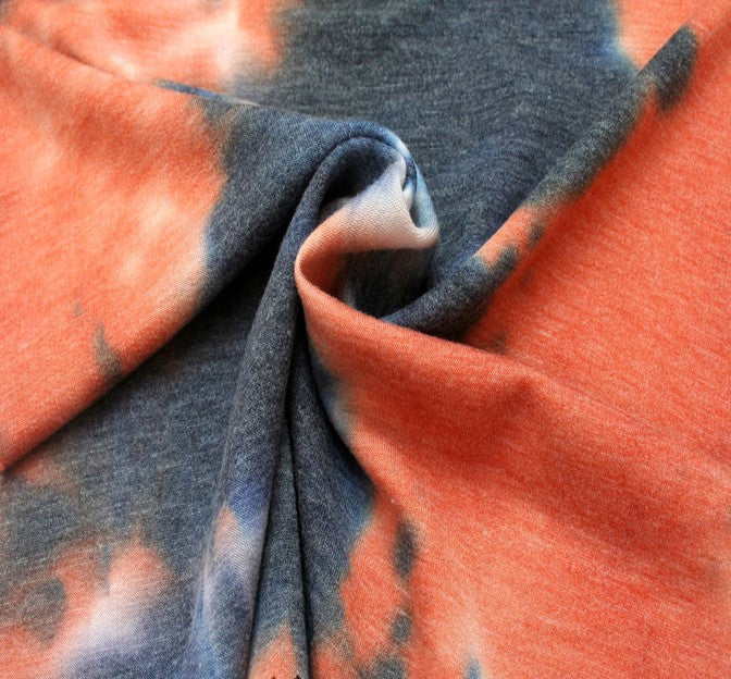French Terry Tie Dye 1D1426 Polyester Rayon Spandex Fabric - Black Rust Tie Dye, 58/60" Width