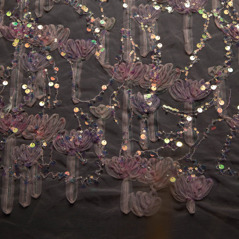 1 Yard Ribbon Tulle Lace Fabric with Sequins and Soft Floral Design, 52" Wide