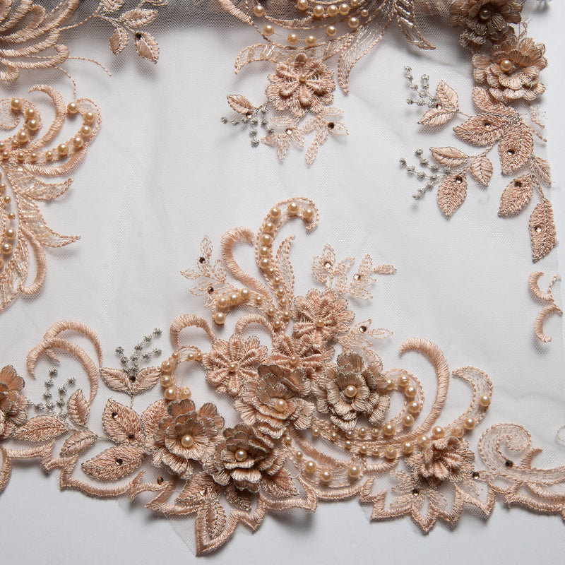 1 Yard 3D Floral Appliqué Tulle Lace with Beads Embroidered 50/52" Wide Polyester Fabric