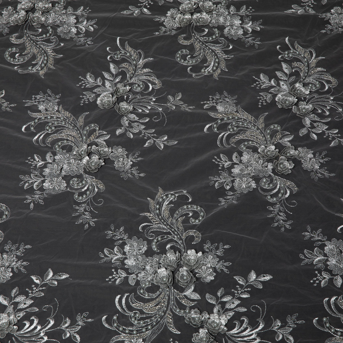 1 Yard Tulle Lace Fabric Embroidered 3D Floral Applique Beaded Polyester 50/52" Wide