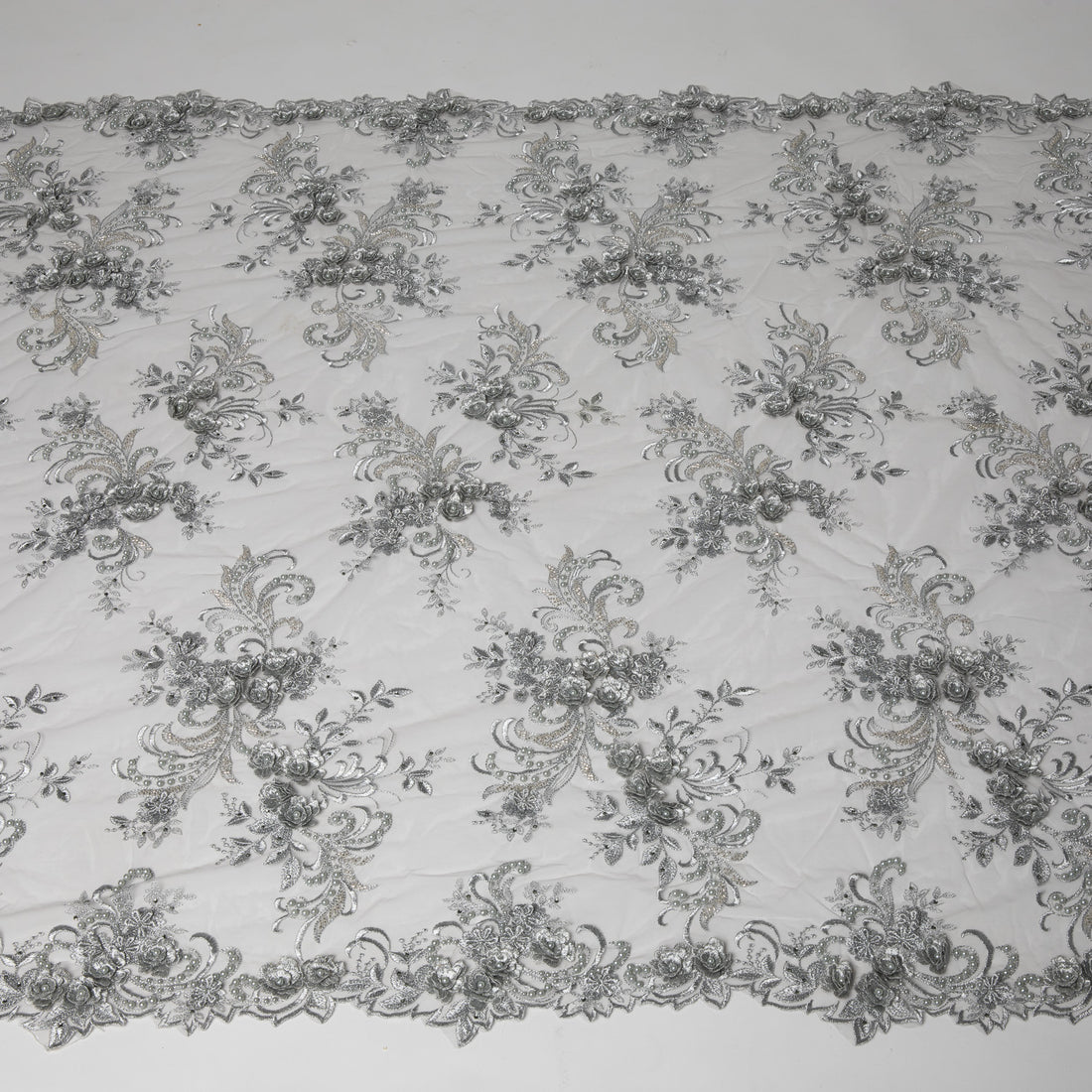 1 Yard 3D Floral Appliqué Tulle Lace with Beads Embroidered 50/52" Wide Polyester Fabric