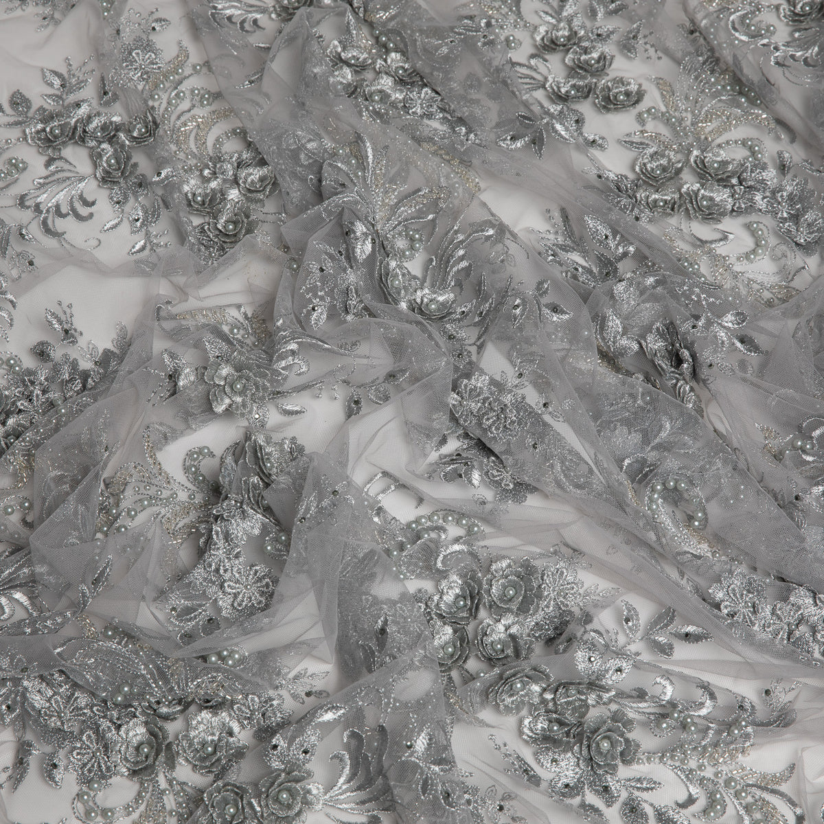 1 Yard Tulle Lace Fabric Embroidered with Applique & Beads with 3D Floral Pattern 100% Polyester 50/52" Wide