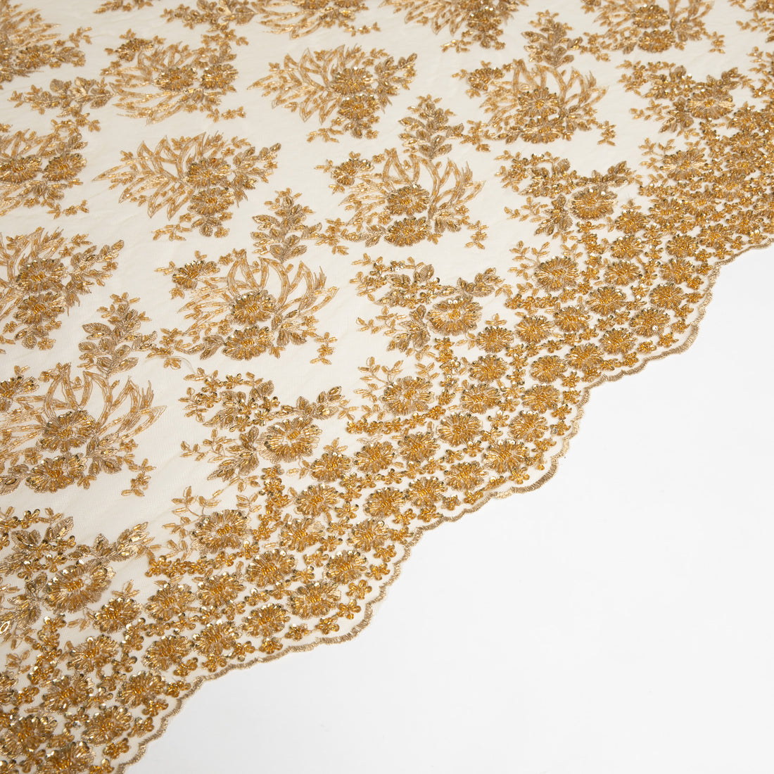 1 Yard Intricate 3D Bead & Appliqué Embroidered Tulle Lace Fabric 100% Polyester, 50/52" Wide