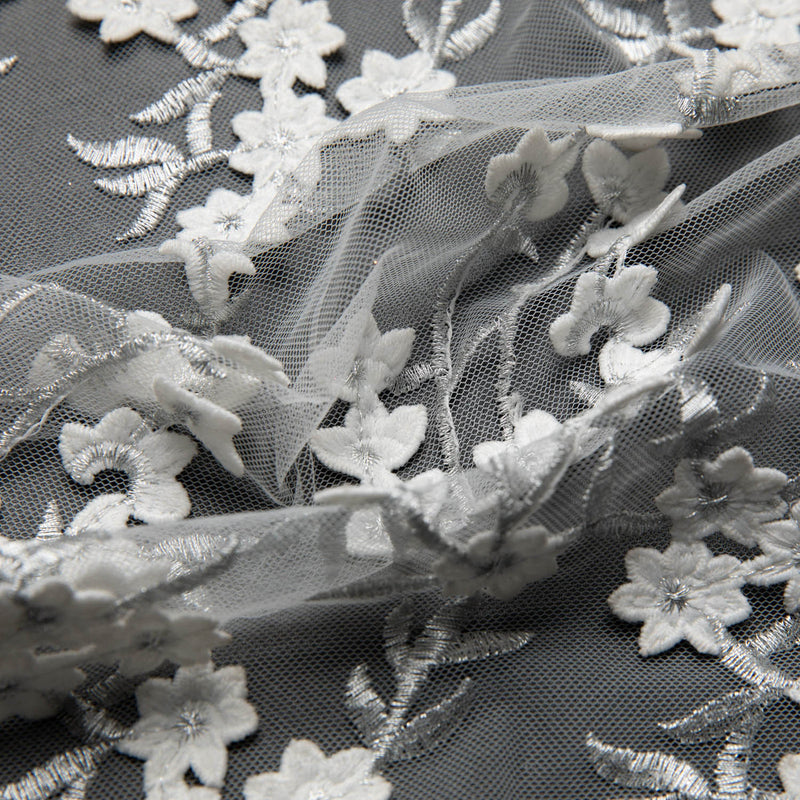 1 Yard Tulle Lace Fabric Embroidered Applique Intricate 3D Pattern Metallic 52/54" Wide