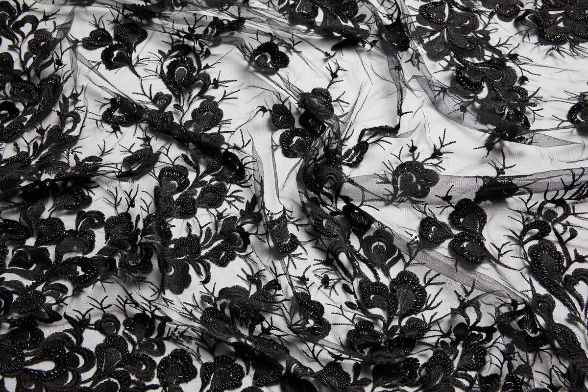 1 Yard Tulle Lace Fabric Embroidered with Beads & Sequins 50/52" Wide 100% Polyester for Bridal & Evening Wear