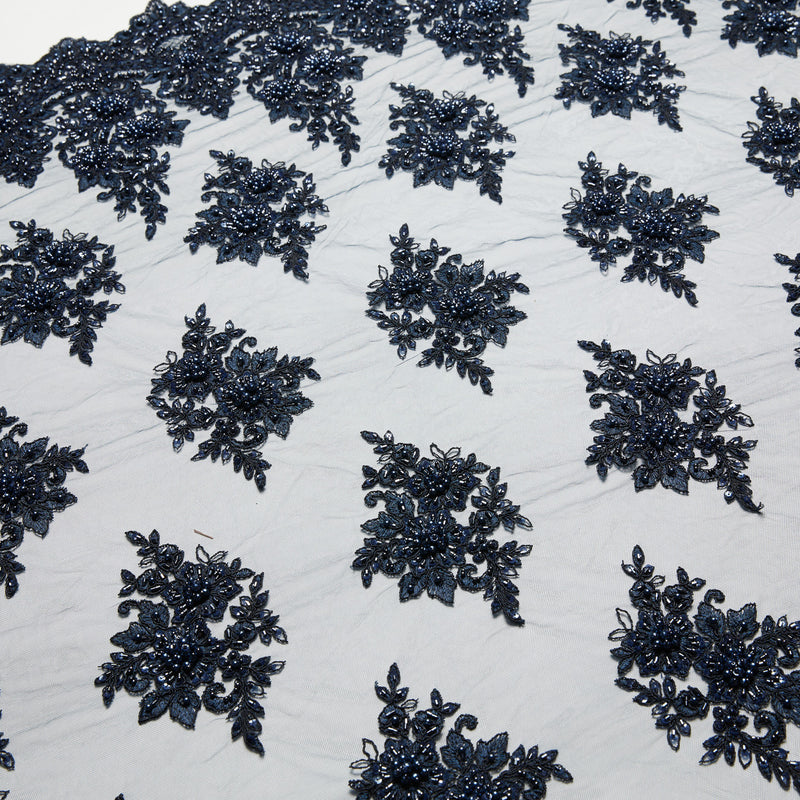 1 Yard Tulle Lace Fabric Embroidered with Beads & Sequins, 100% Polyester, 50/52" Wide