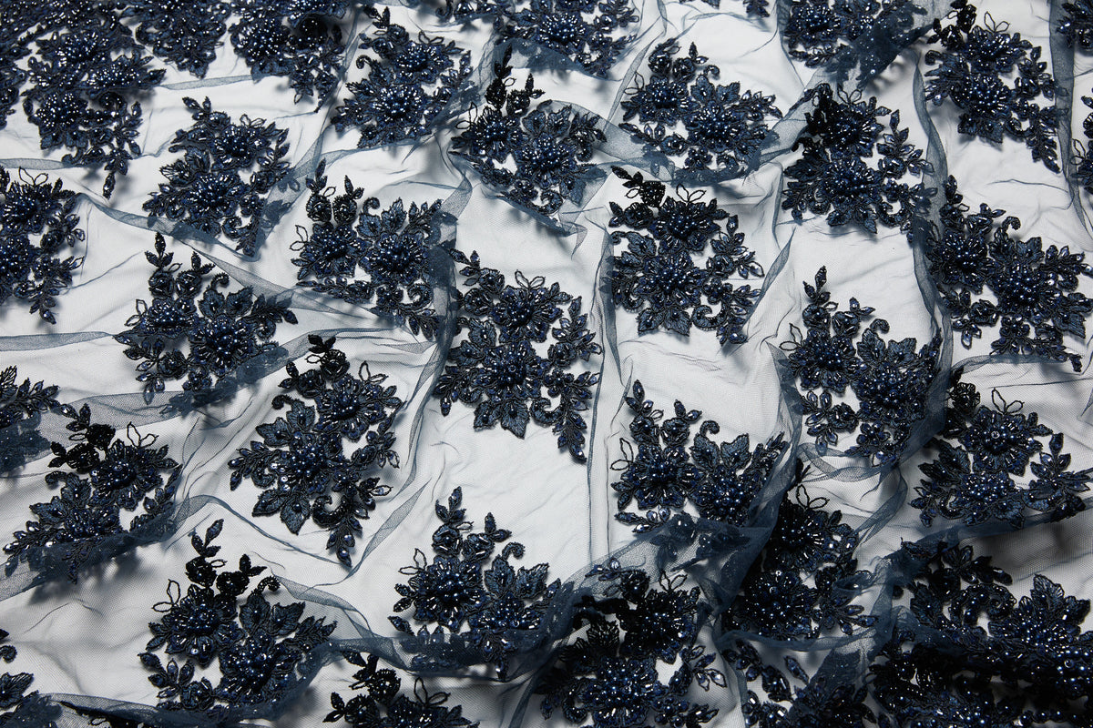 1 Yard Tulle Lace Fabric Embroidered with Beads & Sequins, 100% Polyester, 50/52" Wide