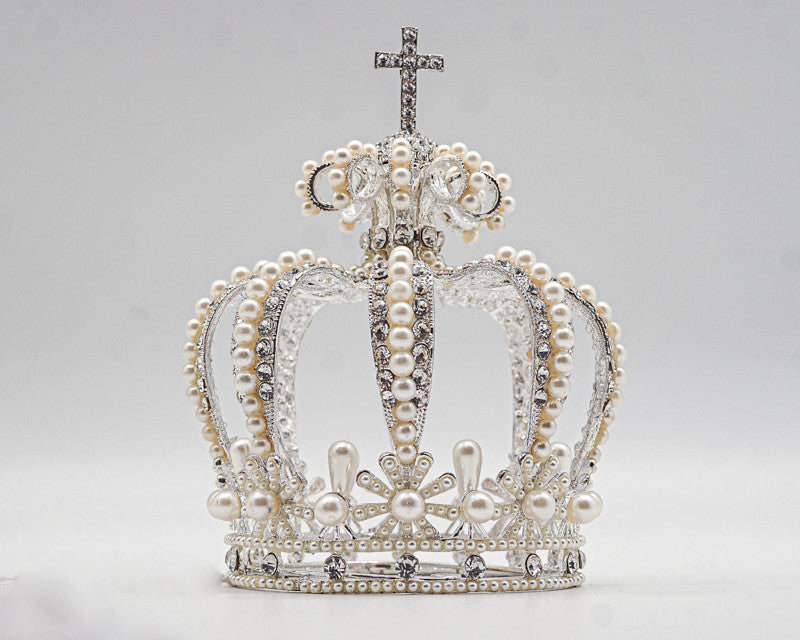 Silver Full King Pearl Crown with Rhinestone Crucifix