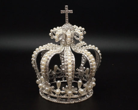 Silver Full King Pearl Crown with Rhinestone Crucifix