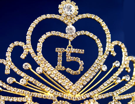 Gold Crystal Mis Quince Quinceañera Rhinestone Tiara (TX002)