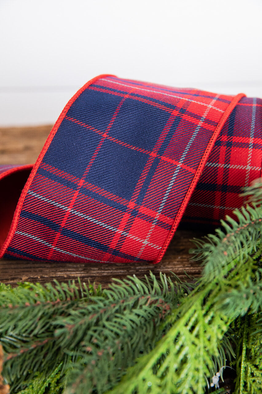 4" x 5 Yard Red & Navy Plaid Check Ribbon